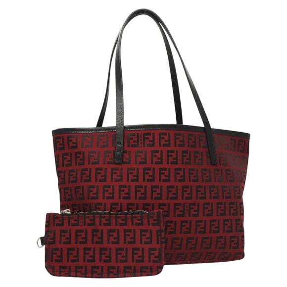 FENDI Zucchino Canvas Hand Bag Red Silver - Picture 1 of 14